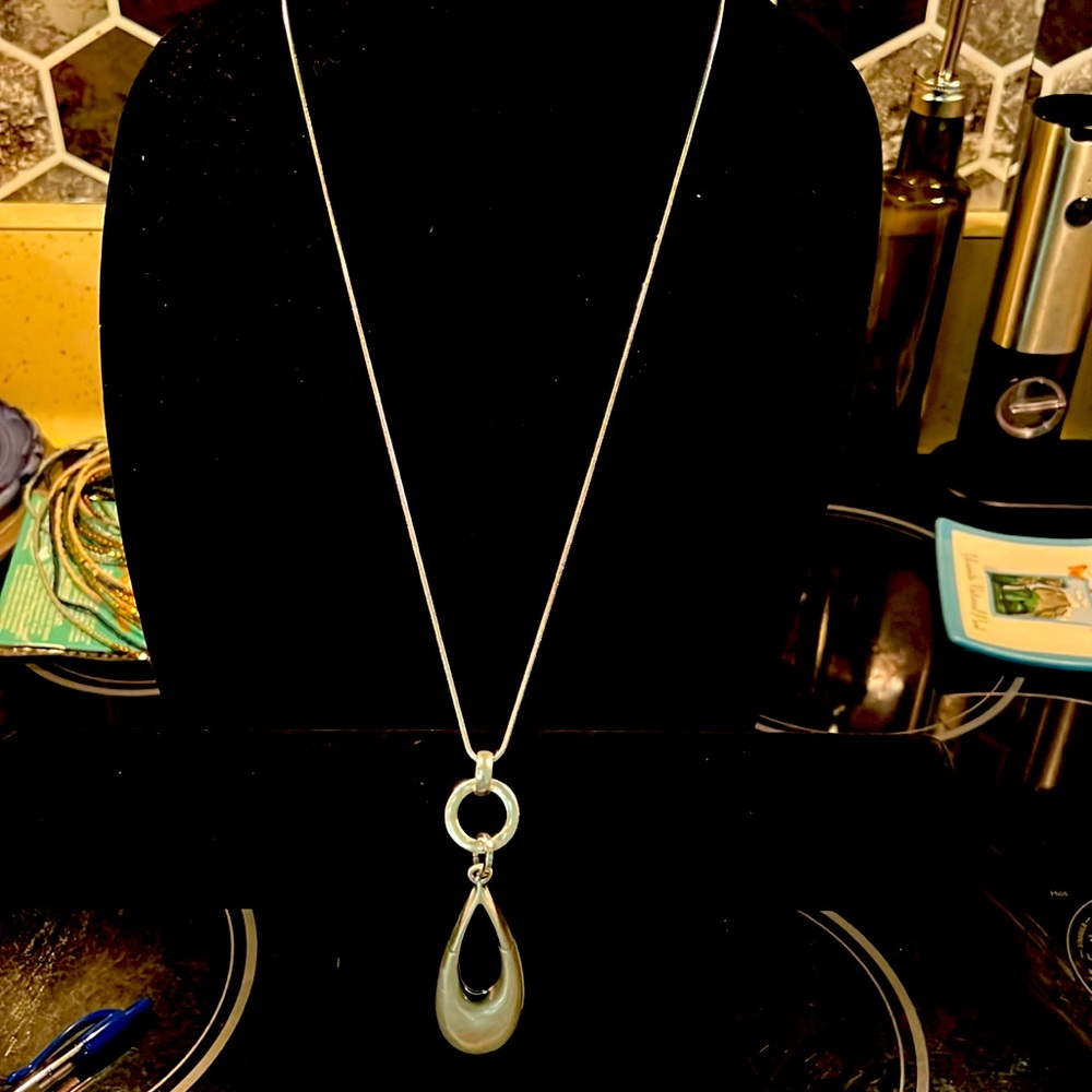 Long silver toned necklace with beautiful pendants